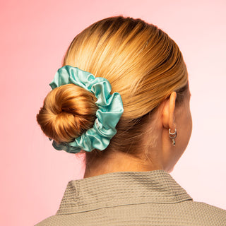 Luxurious Large Silk Scrunchie from Brightly Labs® - Clinically proven Mulberry Silk with silver ion infusion for gentle hold, reduced breakage, and crease prevention. Ideal for stylish updos or ponytails