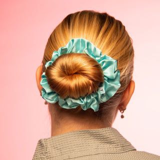 Luxurious Large Silk Scrunchie from Brightly Labs® - Clinically proven Mulberry Silk with silver ion infusion for gentle hold, reduced breakage, and crease prevention. Ideal for stylish updos or ponytails