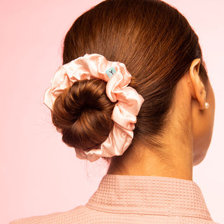 Luxurious Large Silk Scrunchie from Brightly Labs® - Clinically proven Mulberry Silk with silver ion infusion for gentle hold, reduced breakage, and crease prevention. Ideal for stylish updos or ponytails