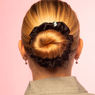 Luxurious Large Silk Scrunchie from Brightly Labs® - Clinically proven Mulberry Silk with silver ion infusion for gentle hold, reduced breakage, and crease prevention. Ideal for stylish updos or ponytails