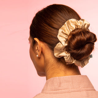 Luxurious Large Silk Scrunchie from Brightly Labs® - Clinically proven Mulberry Silk with silver ion infusion for gentle hold, reduced breakage, and crease prevention. Ideal for stylish updos or ponytails