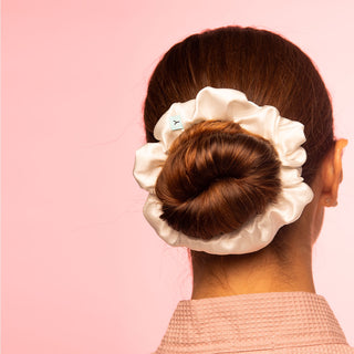 Brightly Labs® Premium Medium Silk Scrunchies - Luxurious hair accessories made from silver ion-infused Mulberry Silk. Perfect for style and hair care.