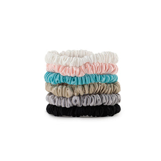Luxurious set of 6 Skinny Silk Scrunchies from Brightly Labs® in mixed colors. Clinically proven Mulberry Silk with silver ion infusion for gentle hold, reduced breakage, and crease prevention.