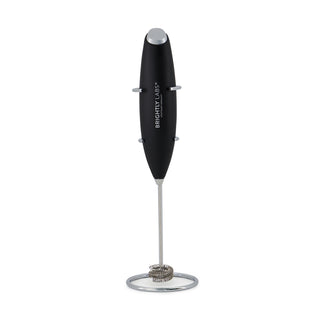 Brightly Labs® Electric Milk Frother - Professional frother for lattes, cappuccinos, macchiatos, and hot chocolates. Superwhisk operates at 19,000 rotations per minute. Easy to clean and store. Compact design powered by AA batteries (not included). Backed by a lifetime guarantee.