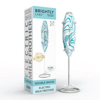 Brightly Labs® Electric Milk Frother - Professional frother for lattes, cappuccinos, macchiatos, and hot chocolates. Superwhisk operates at 19,000 rotations per minute. Easy to clean and store. Compact design powered by AA batteries (not included). Backed by a lifetime guarantee.