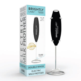 Brightly Labs® Electric Milk Frother - Professional frother for lattes, cappuccinos, macchiatos, and hot chocolates. Superwhisk operates at 19,000 rotations per minute. Easy to clean and store. Compact design powered by AA batteries (not included). Backed by a lifetime guarantee.
