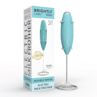 Brightly Labs® Electric Milk Frother - Professional frother for lattes, cappuccinos, macchiatos, and hot chocolates. Superwhisk operates at 19,000 rotations per minute. Easy to clean and store. Compact design powered by AA batteries (not included). Backed by a lifetime guarantee.