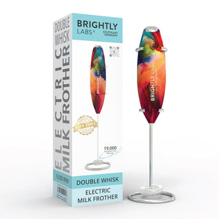 Brightly Labs® Electric Milk Frother - Professional frother for lattes, cappuccinos, macchiatos, and hot chocolates. Superwhisk operates at 19,000 rotations per minute. Easy to clean and store. Compact design powered by AA batteries (not included). Backed by a lifetime guarantee.