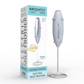 Brightly Labs® Electric Milk Frother - Professional frother for lattes, cappuccinos, macchiatos, and hot chocolates. Superwhisk operates at 19,000 rotations per minute. Easy to clean and store. Compact design powered by AA batteries (not included). Backed by a lifetime guarantee.